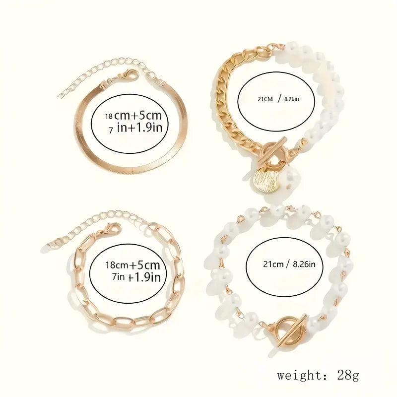 Set de Pulseras Serpiente de Perlas Oro Chic 4 Piezas Links | Oro