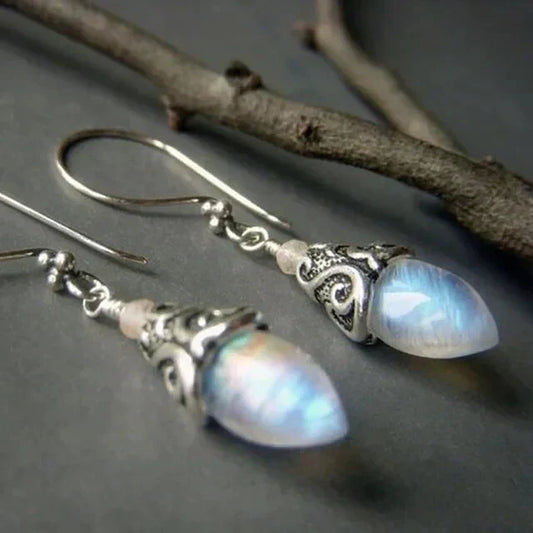 Aretes Colgantes Antiguos Piedra Lunar | Oro blanco