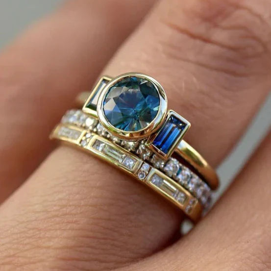 Set de Anillos Antiguo Elegante Azul | Oro