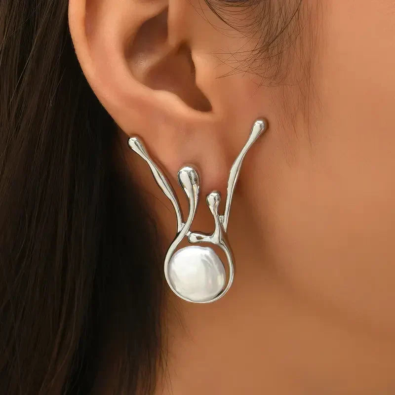 Aretes Antiguos Irregulares de Perla Plata | Oro blanco