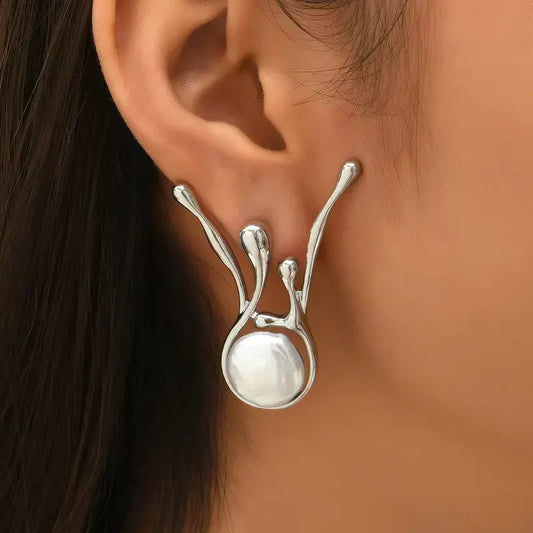 Aretes Antiguos Irregulares de Perla Plata | Oro blanco