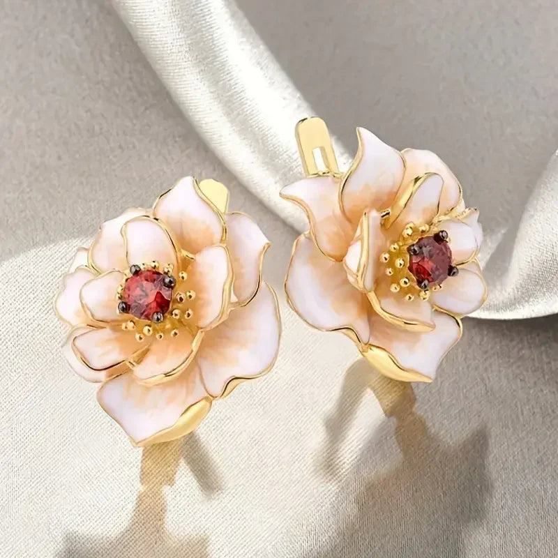 Aretes de Flor de Circonita Blanco Rojo | Oro