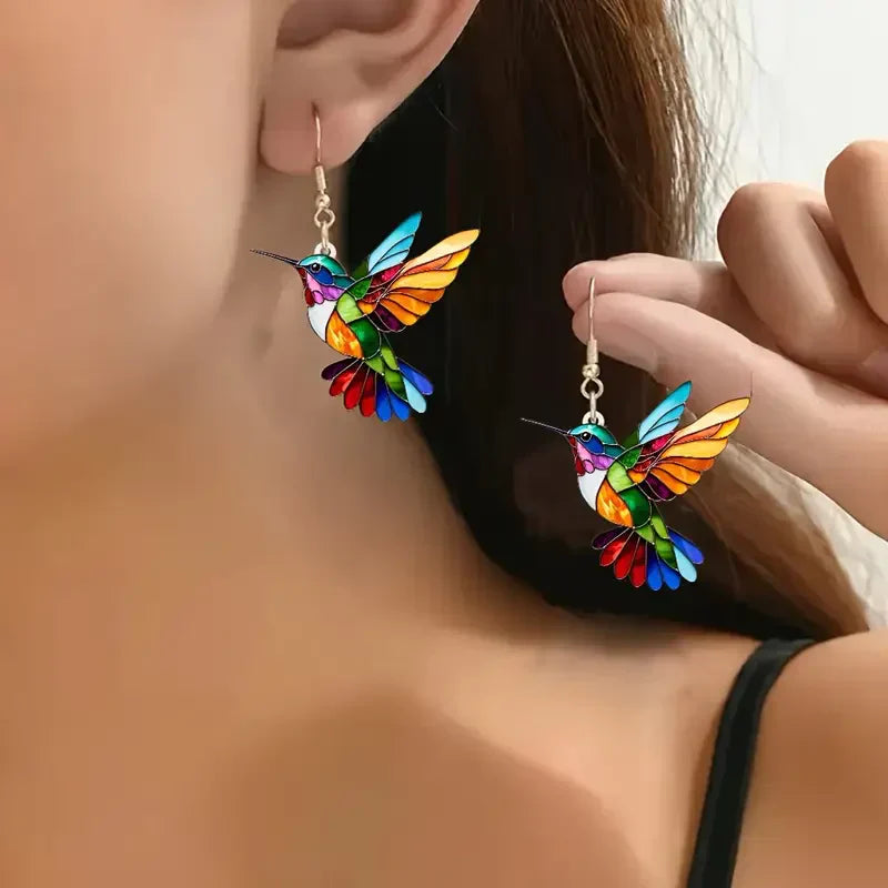 Aretes Colorful Hummingbird | Oro blanco