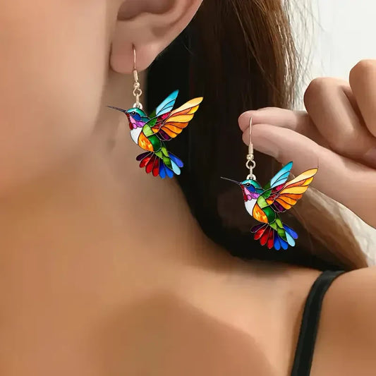 Aretes Colorful Hummingbird | Oro blanco