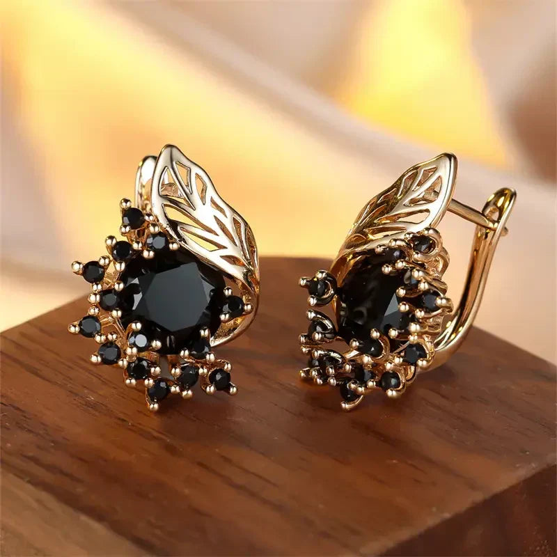 Aretes Dorados de Circonita Negro | Oro