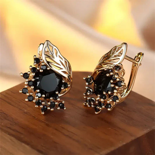 Aretes Dorados de Circonita Negro | Oro