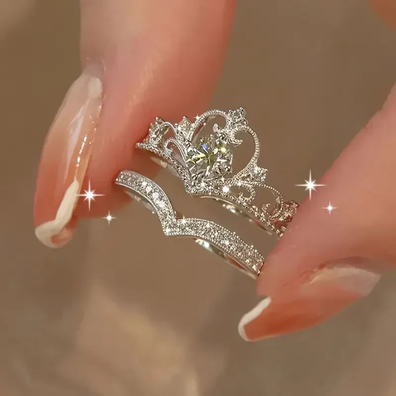 Set de Anillos Brillante de Corona Plata | Oro blanco