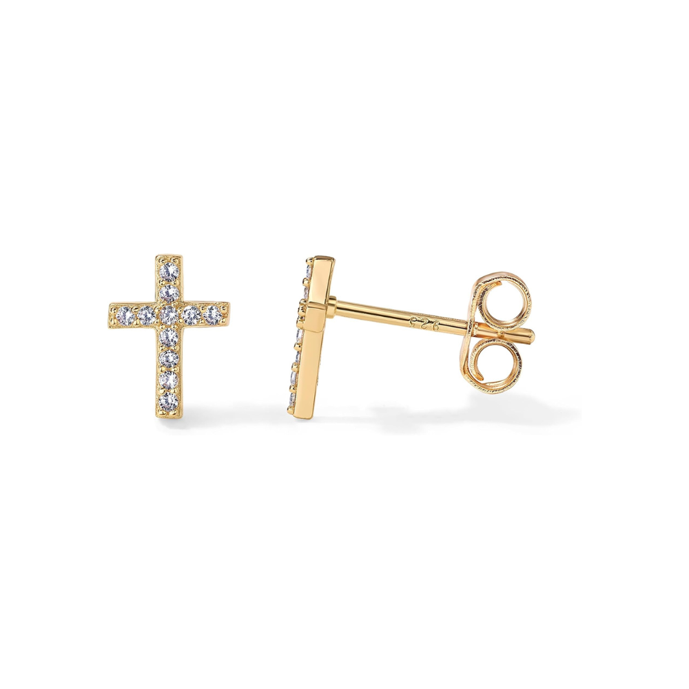 Aretes de Botón de Cruz Pavé | Oro