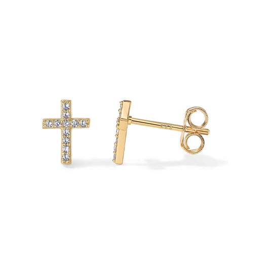 Aretes de Botón de Cruz Pavé | Oro
